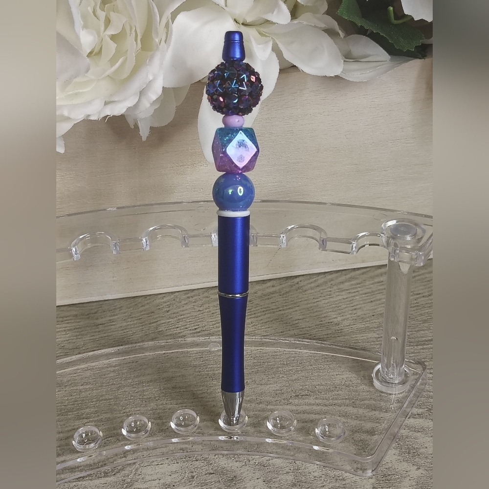 Beaded Blue Pen with Decorative Top